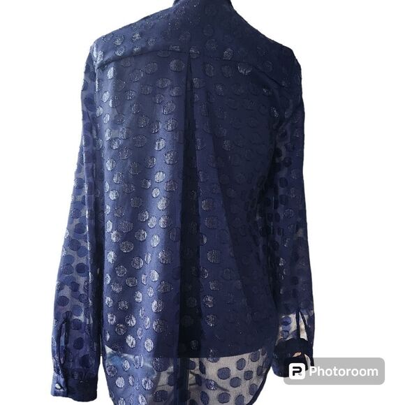 JLO Shimmering Crossover top Polka Dot Blue Long Sleeves Drape Front Blouse Sz L - Picture 6 of 10